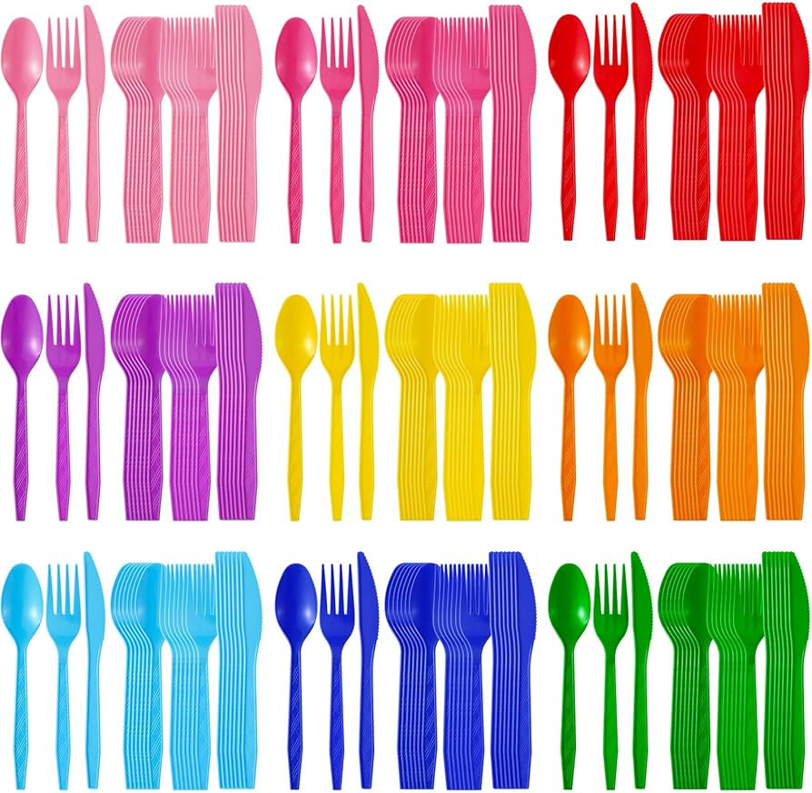 405 Pcs Neon Colored Hard Plastic Utensils Plastic Silverware Set Cutlery Set Disposable Flatware... | Amazon (US)