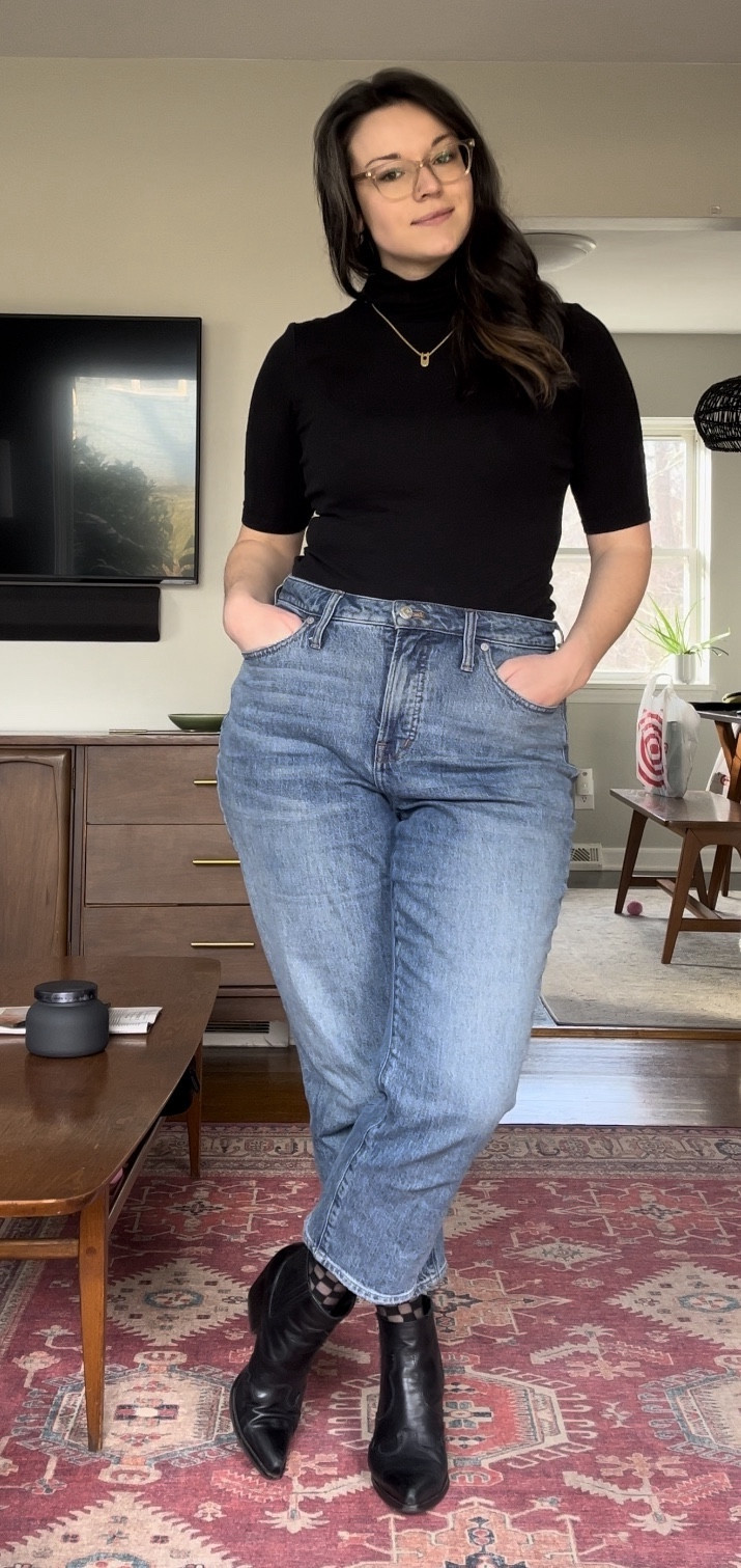 Todays outfit! I’ve tagged similar styles to what I’m wearing for the turtleneck and boots. 

I’m wearing size 31p in the Madewell jeans. 

#ootd, Midsize outfits, casual outfit

#LTKmidsize