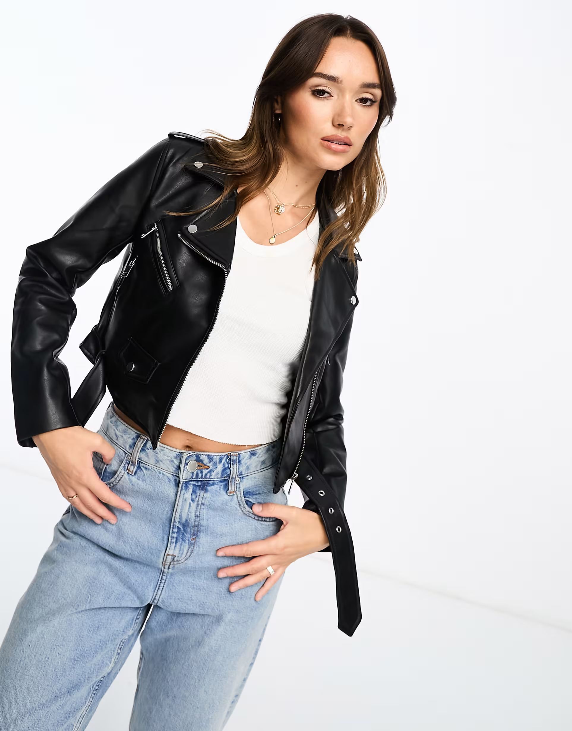 Stradivarius faux leather biker jacket in black | ASOS (Global)