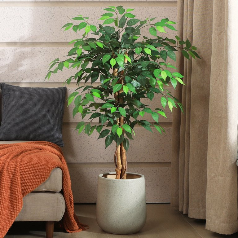 4ft Artificial Ficus Tree with Natural Wood Trunk, Silk Fake Ficus Tree in Plastic Nursery Pot, F... | Walmart (US)