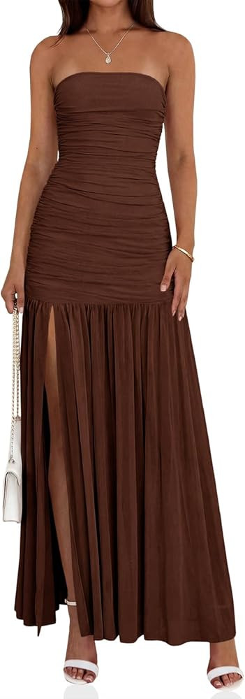 Wenrine Womens Summer Tube Top Dress Strapless Mesh Sexy Ruched Patchwork High Slit Long Cocktail... | Amazon (US)