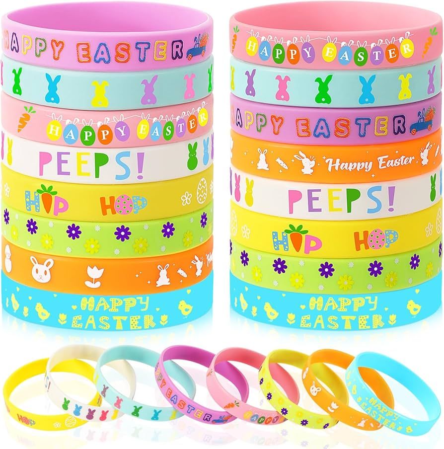 JUNEBRUSHS 24Pcs Easter Party Favors Silicone Bracelets Egg Bunny Rubber Wristbands for Kids Teen... | Amazon (US)