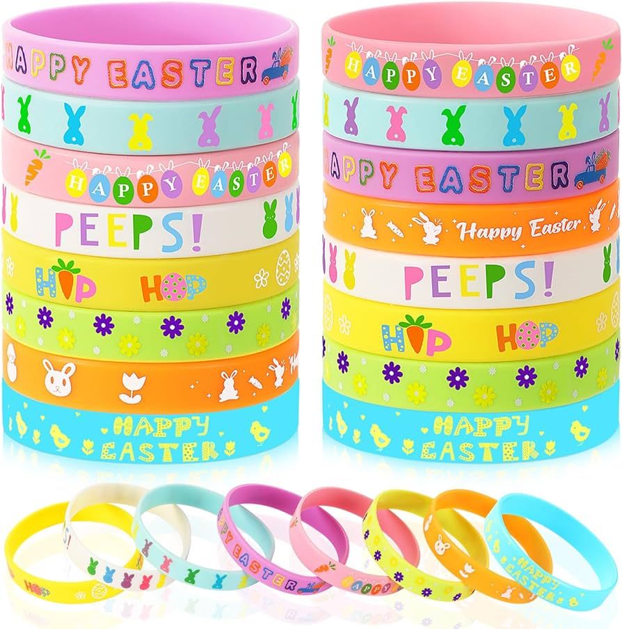 JUNEBRUSHS 24Pcs Easter Party Favors Silicone Bracelets Egg Bunny Rubber Wristbands for Kids Teen... | Amazon (US)