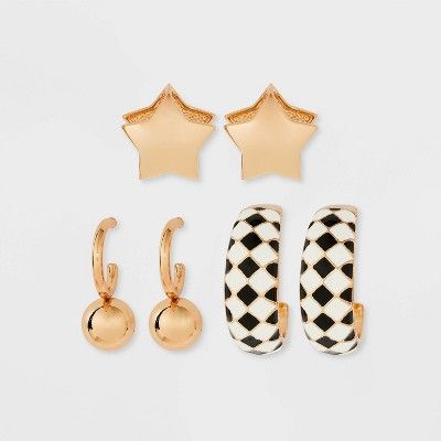 Checkerboard and Star Huggie Hoop Trio Earring Set - Wild Fable™ Metallic Gold | Target