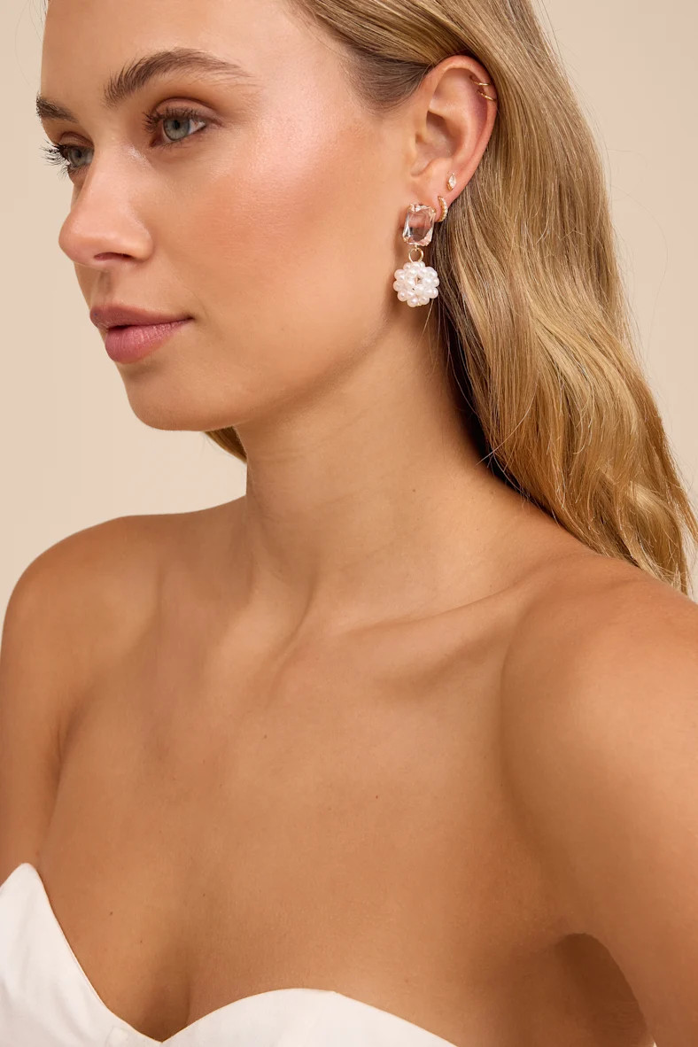 Riesa White Pearl Rhinestone Drop Earrings | Lulus