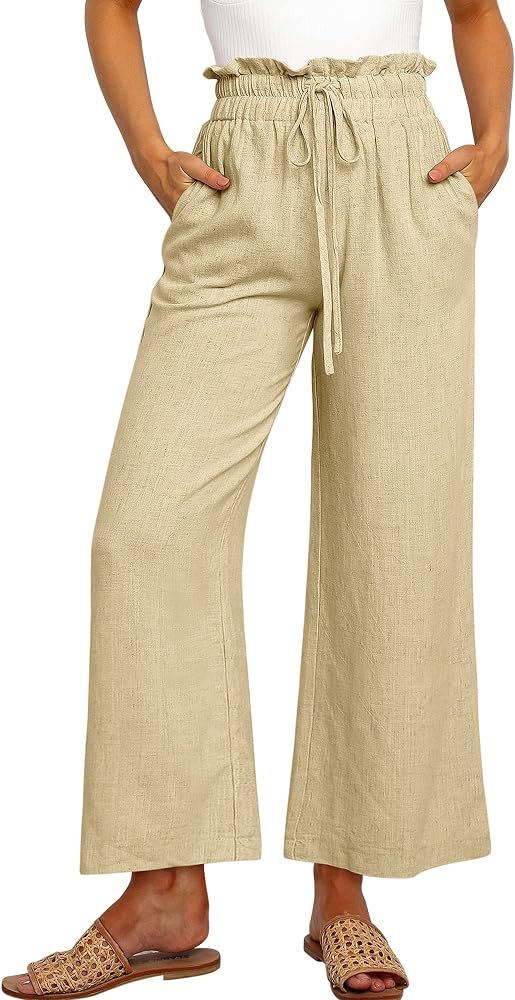 ANRABESS Women Linen Pants Casual Loose High Waist Boho Wide Leg Cropped Palazzo Beach Pants Summ... | Amazon (US)