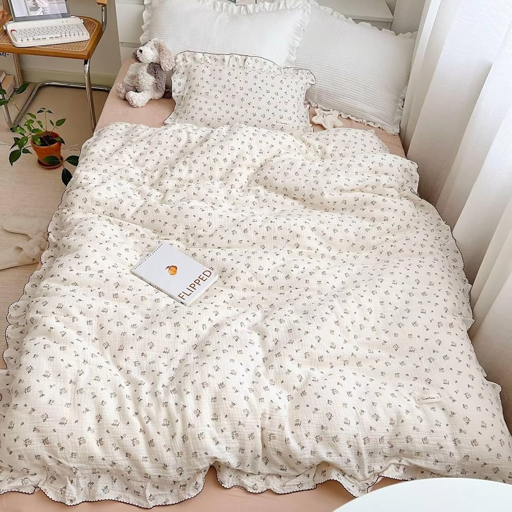 BuLuTu 100% Cotton Baby Girls Duvet Cover with Ruffles Floral Print Beige Duvet Cover Toddler Bed... | Amazon (US)