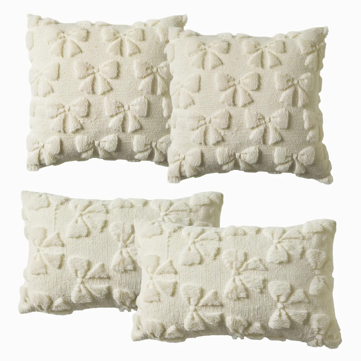 Faux Fur Pillow Covers 4-Pack, Bow Design Square & Lumbar Set 18x18/20x12, Beige | Wayfair North America