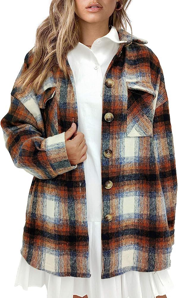 Plaid Shacket Womens Oversize Button Down Long Sleeve Wool Plaid Shacket Jacket for spring fall w... | Amazon (US)