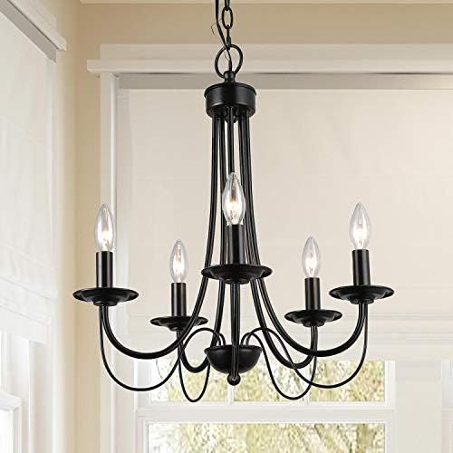 GEPOW Black Farmhouse Chandelier Rustic Pendant Lighting, Small 5-Light Fixture with 2-Layer Arms... | Amazon (US)