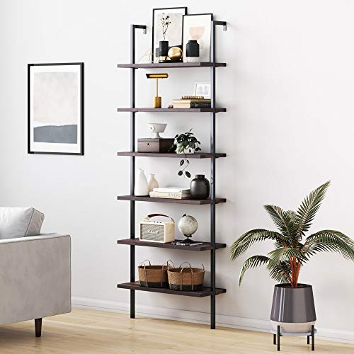 Nathan James Theo 6-Shelf Tall Bookcase, Wall Mount Bookshelf with Natural Wood Finish and Industrial Metal Frame, Nutmeg/Matte Black | Amazon (US)