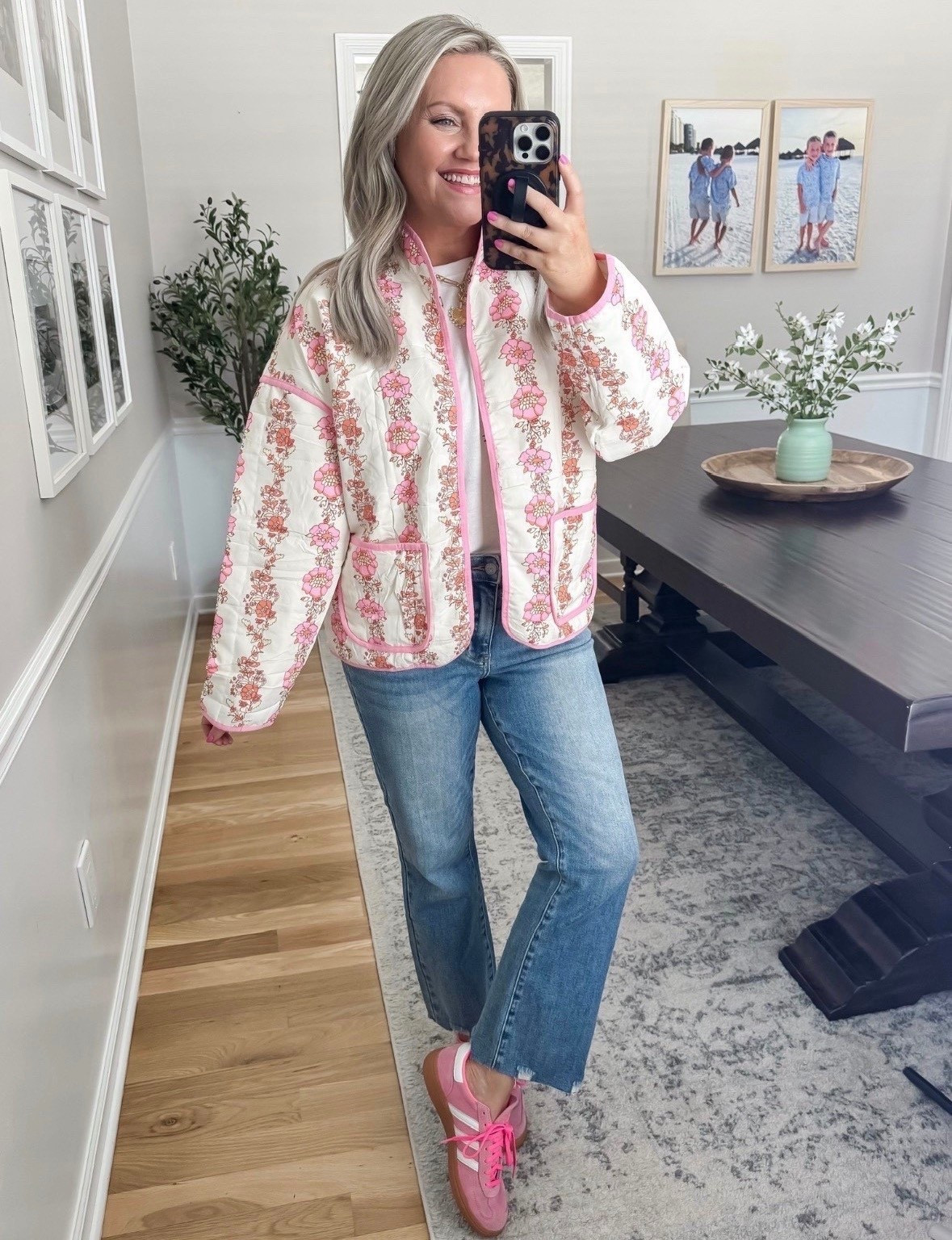 This jacket is such a fun statement piece 💕 The quilted floral + pink trim combo feels playful but still easy to style, and it instantly makes a simple tee and jeans look put together.

floral jacket quilted jacket spring outfit casual outfit everyday style denim outfit light wash jeans pink sneakers statement jacket mom style cute casual outfit layering piece lovelylifestyling 

#LTKMothersDay #LTKSeasonal #LTKootd