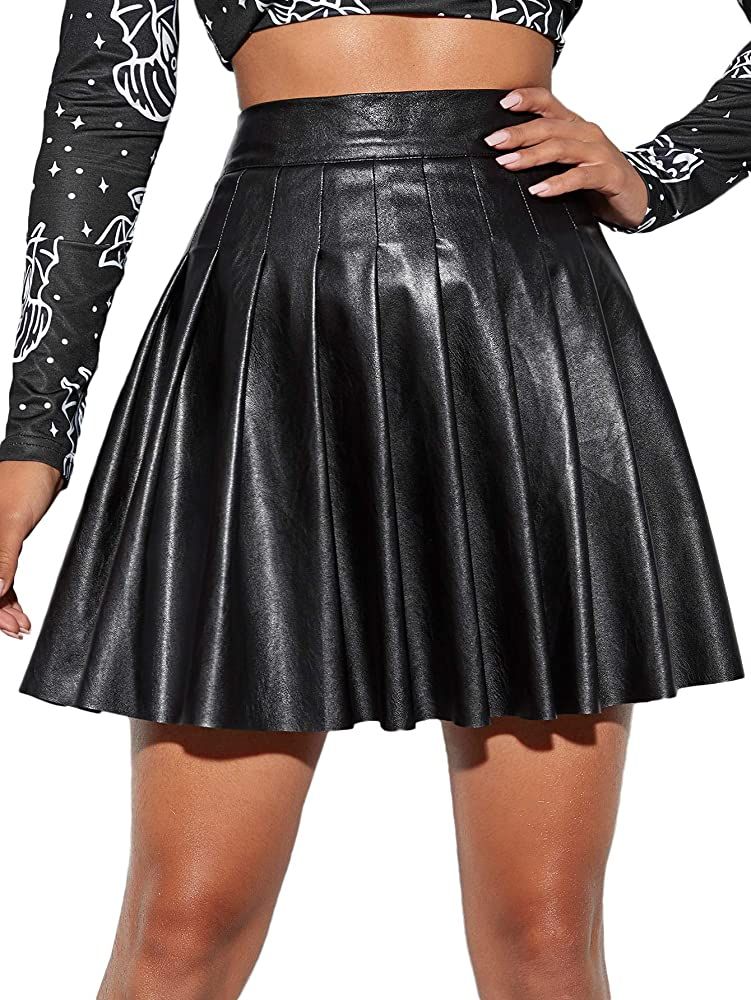 SheIn Women's High Waist PU Leather Pleated Solid Short Mini Skater Skirt | Amazon (US)