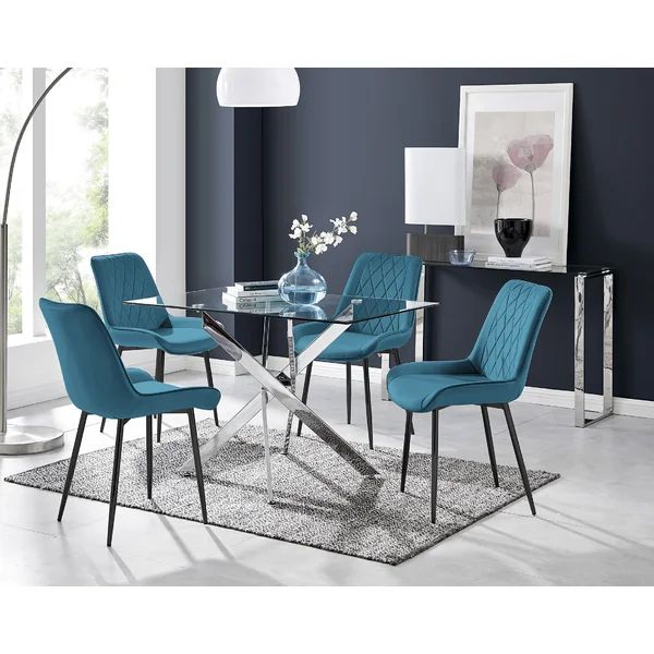 Lenworth Modern Chrome Metal and Glass Dining Table Set with 4 Luxury Velvet Dining Chairs | Wayfair North America