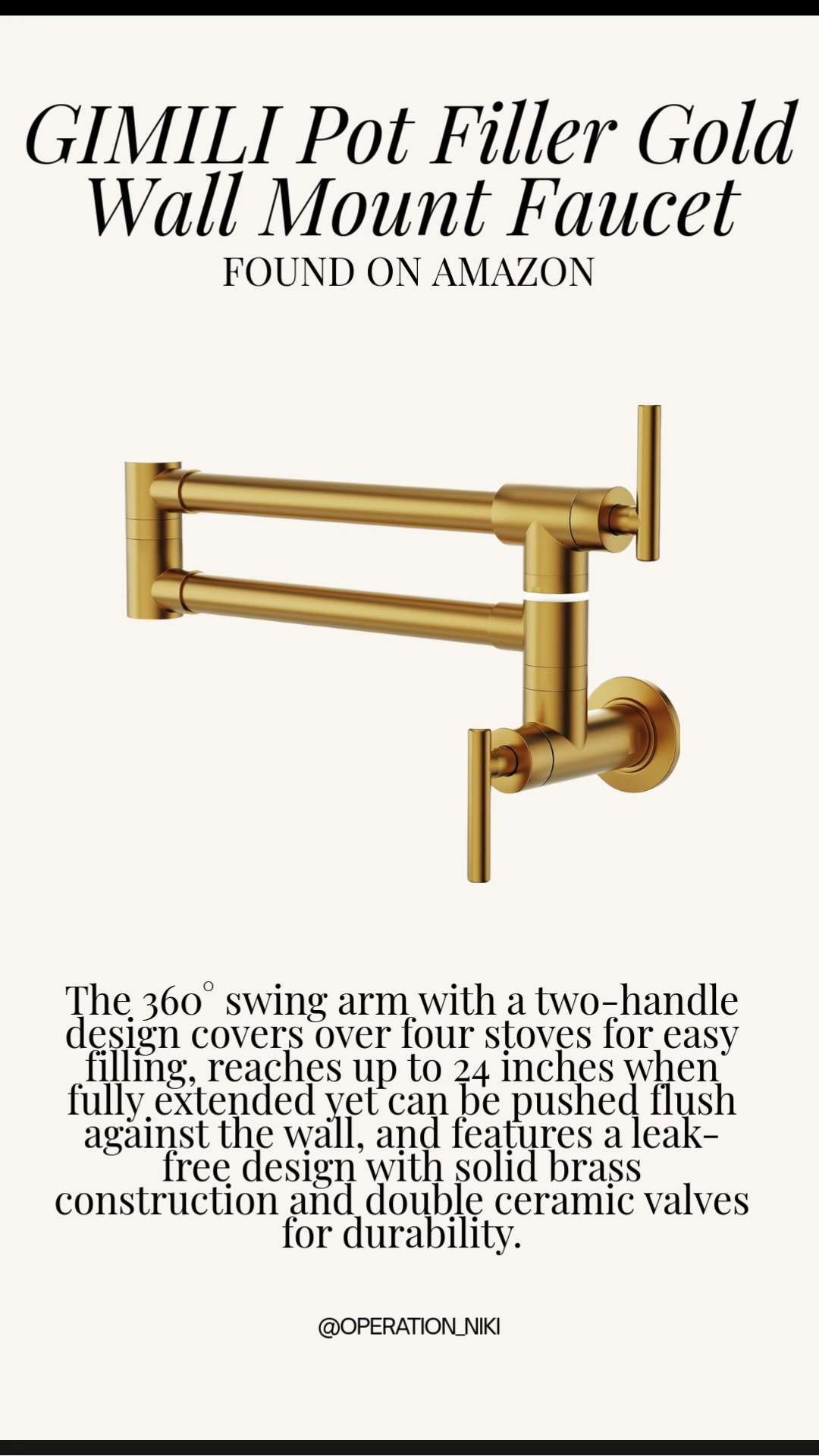 A statement upgrade that also adds real function ✨🚰 The GIMILI gold wall mount pot filler makes filling pots faster and easier while elevating the look of the kitchen. Practical, polished, and a game changer for anyone who cooks often.

Follow for more @OPERATION_NIKI on IG, TikTok, & Facebook
#potfiller #kitchenupgrade #homechef #amazonfinds #kitcheninspo #homeorganization #functionalhome #kitchenessentials #amazonhome #operationniki 

 #LTKHome
