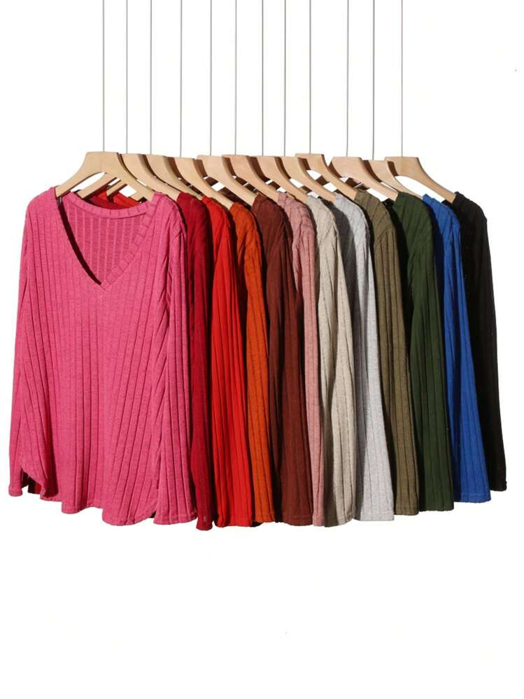 SHEIN Plus Size Solid Color V-Neck Long Sleeve Casual T-Shirt Fall Cloth For Women | SHEIN