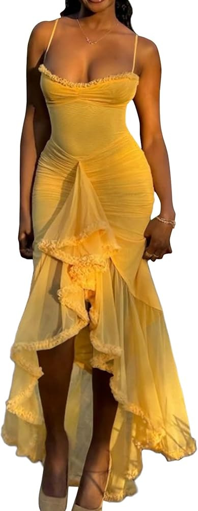 Unybwonn Women Cocktail Maxi Dress Sleeveless Ruched Ruffle Hem Mesh Dresses High Low Split Spagh... | Amazon (US)