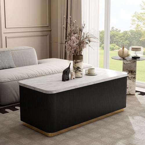 Furniture of America Beryl Modern Rectangle White Genuine Marble Top Coffee Table with Fluted Pedestal Base and Gold Stainless Steel Accent, Low Profile Table for Living Room, Home Office, Black | Amazon (US)