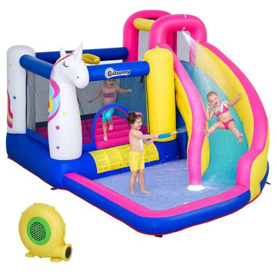 Outsunny 5 in 1 Inflatable Water Slide, Water Park Castle Bounce House Trampoline with Pool, Climbing Wall for Kids Age 3-8 with Air Blower | Target