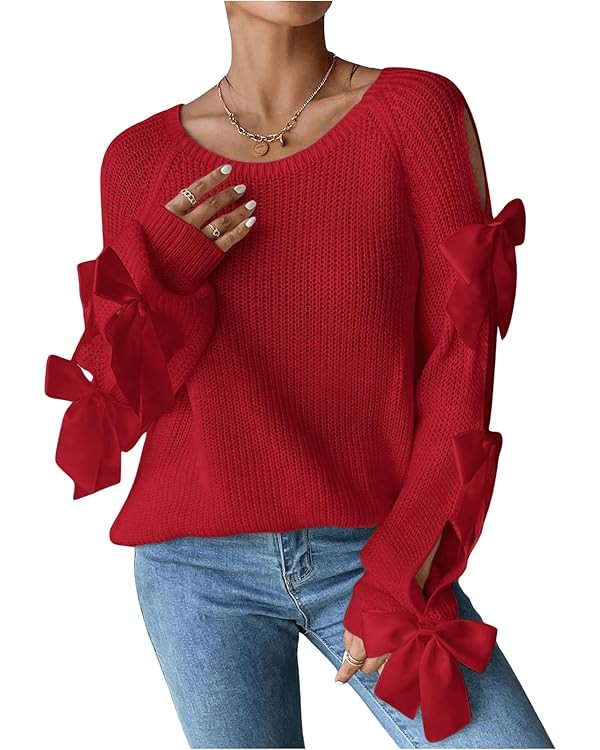 Floerns Women's Bow Knot Cut Out Long Sleeve Ribbed Knit Pullover Sweater Tops | Amazon (US)