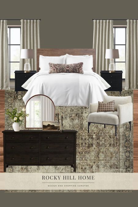 Spring Bedroom Design with wooden bed, west elm Penn chair, pottery barn dresser, black nightstands, white bedding, white vase, glass lamps

#LTKstyletip #LTKSeasonal #LTKhome