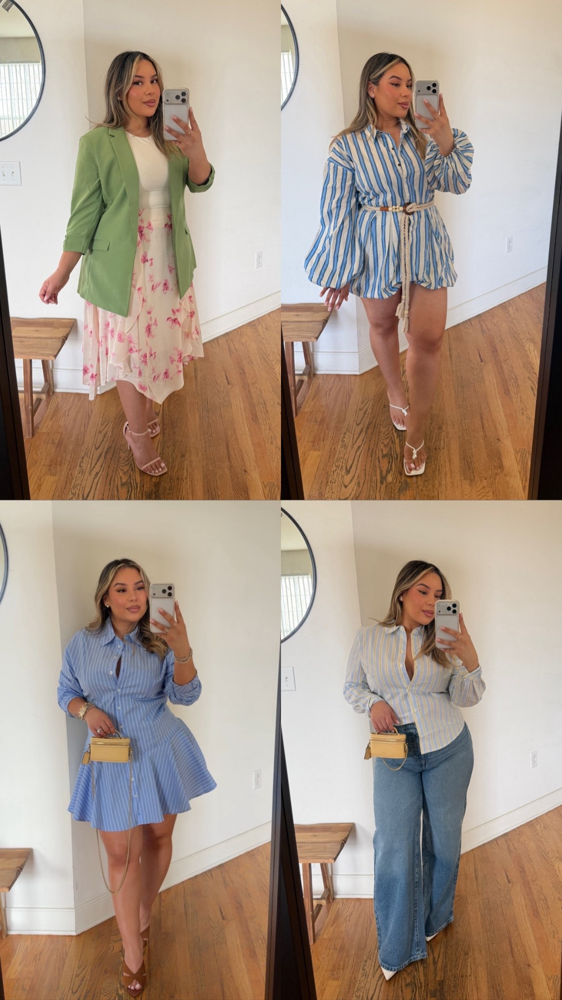 Easter Outfit Inspo💡 (These are still on sale🥳💐🐣🎀🌸) sizing ⬇️ 

Ruched Top: M (has stretch - double layered) 
Skirt: L(TTS, no stretch + side zipper) 
Blazer: L 
Button up: L 
Jeans: 12 (no stretch, size up) 
Blue striped dress: size 10 (TTS) 
Blue flared dress: L 

#LTKMidsize #LTKSeasonal