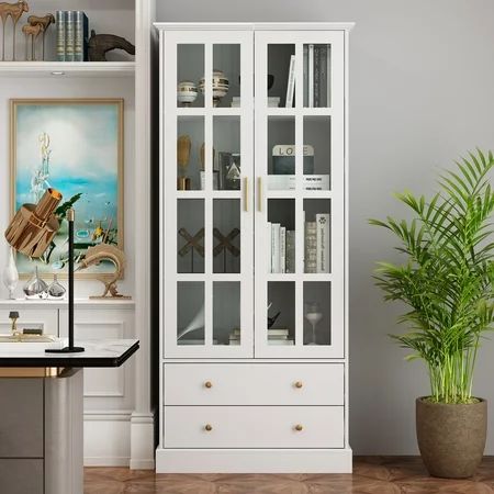 FUFU&GAGA 4 Tiers White Bookshelf Display Storage Cabinet with Glass Door and 2 Drawers for Home Off | Walmart (US)