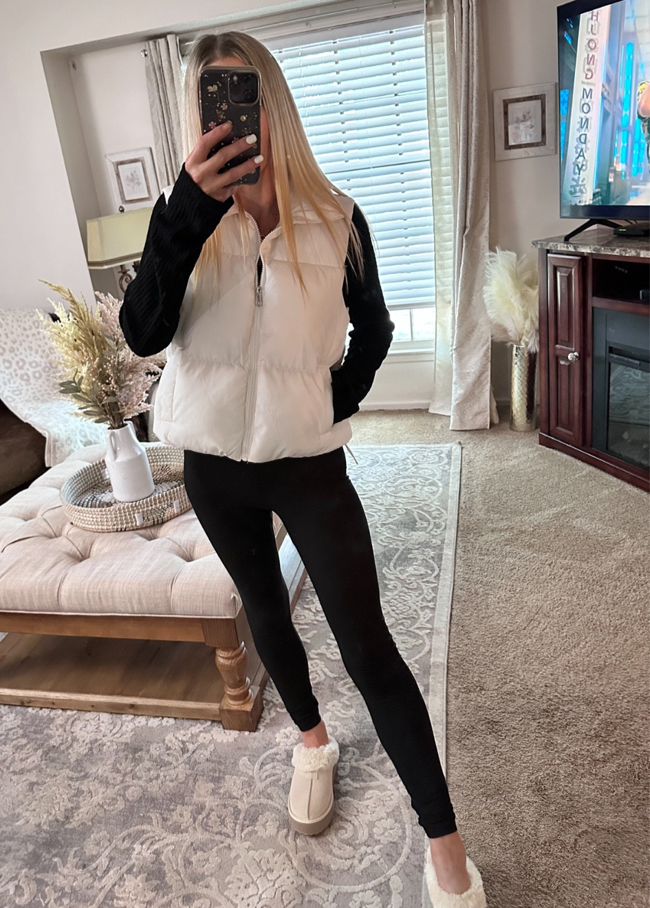 $19 Walmart puffer vest—size small
Leggings—XS
Ugg platform dupes—runs big, size down 
Time and Tru tunic: XS 


Walmart. Walmart fashion. Walmart style. Walmart outfit idea. Puffer vest outfit. Cropped vest. Casual outfit idea. Lounge outfit idea. Comfy outfit idea. 

#LTKFind #LTKunder50 #LTKstyletip