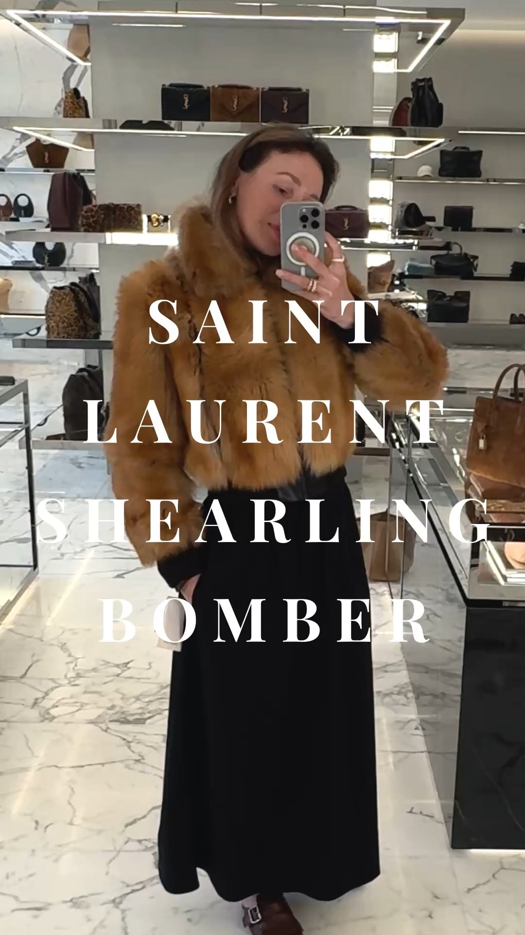 For all of those evening gowns and cocktail dresses you’re shopping right now (think New Year’s Eve parties and corporate events ahead) you’ll need a jacket. This is THE jacket that will compliment any holiday outfit and make a statement on its own with an everyday outfit. 
Trying on Saint Lauren cropped shearling bomber in size 34. 
Styled with a baby Sac de Jour in suede. 

#LTKSeasonal #LTKHoliday