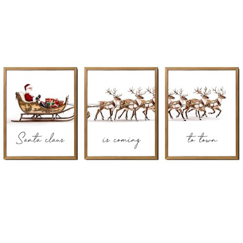 Santa Claus Sleigh & Reindeer Wall Art Prints Set of 3 – Festive “Santa Claus is Coming to Town” Christmas Décor – Holiday Season Wall Art for Winter Wonderland Home (11X14inch-Unframed) | Amazon (US)