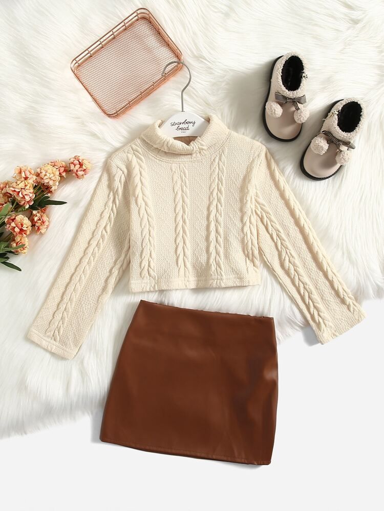 Toddler Girls Cable Knit Turtleneck Top & Skirt | SHEIN