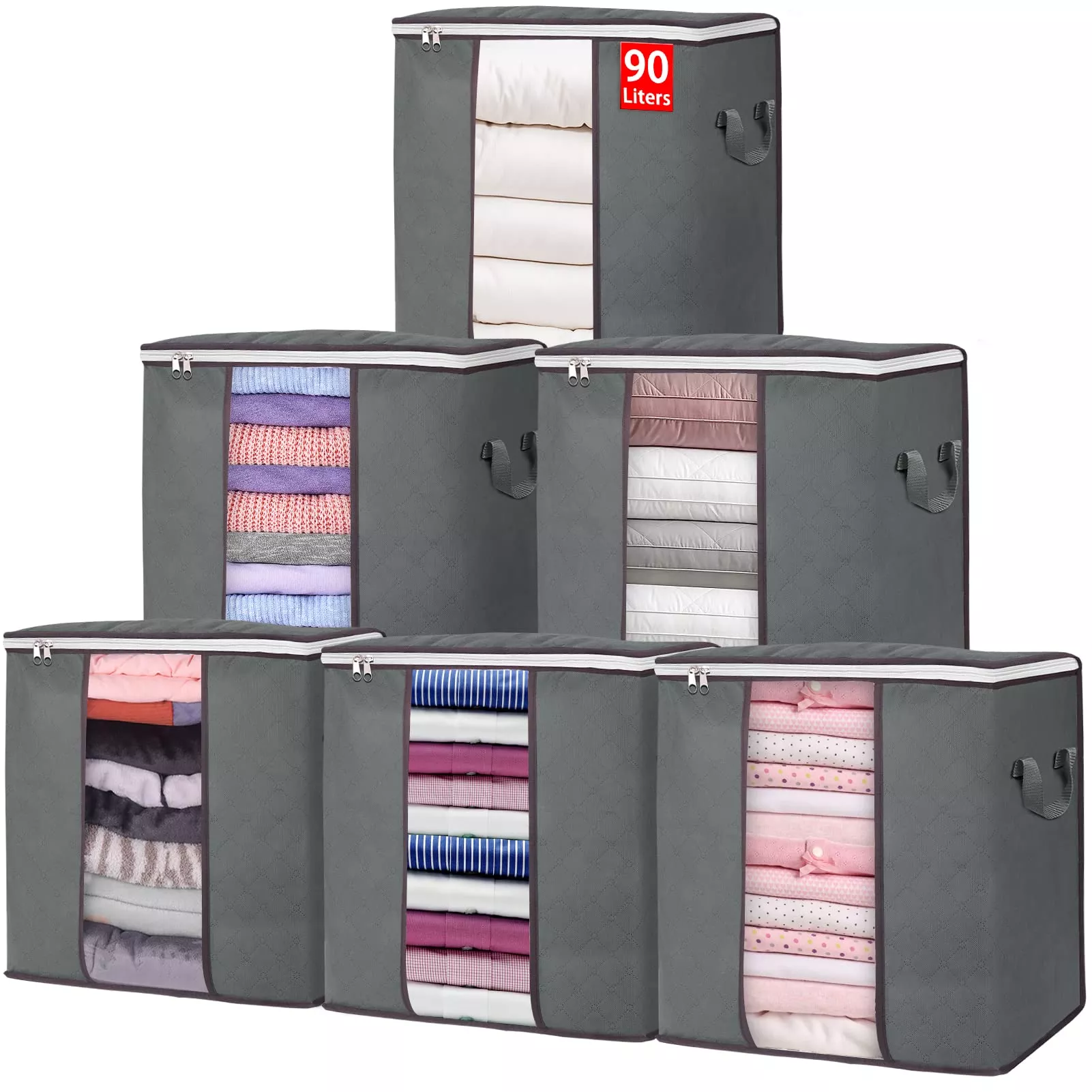 90L Large Storage Bags, 6 Pack Clothes Storage Bins Foldable