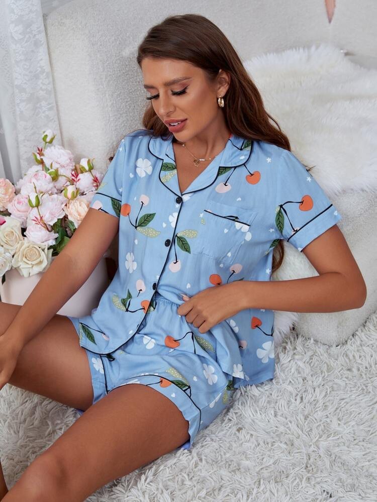 Floral Print Contrast Piping Blouse & Shorts PJ Set | SHEIN