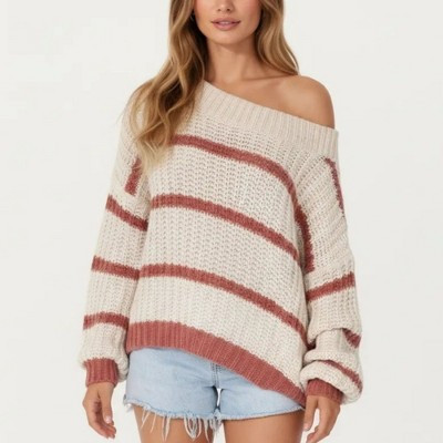 Anna-Kaci Women's Off Shoulder Striped Knit Sweater Top with Ribbed Boat Neckline Long Sleeves Relaxed Oversized Fit - Small, Light Beige | Target