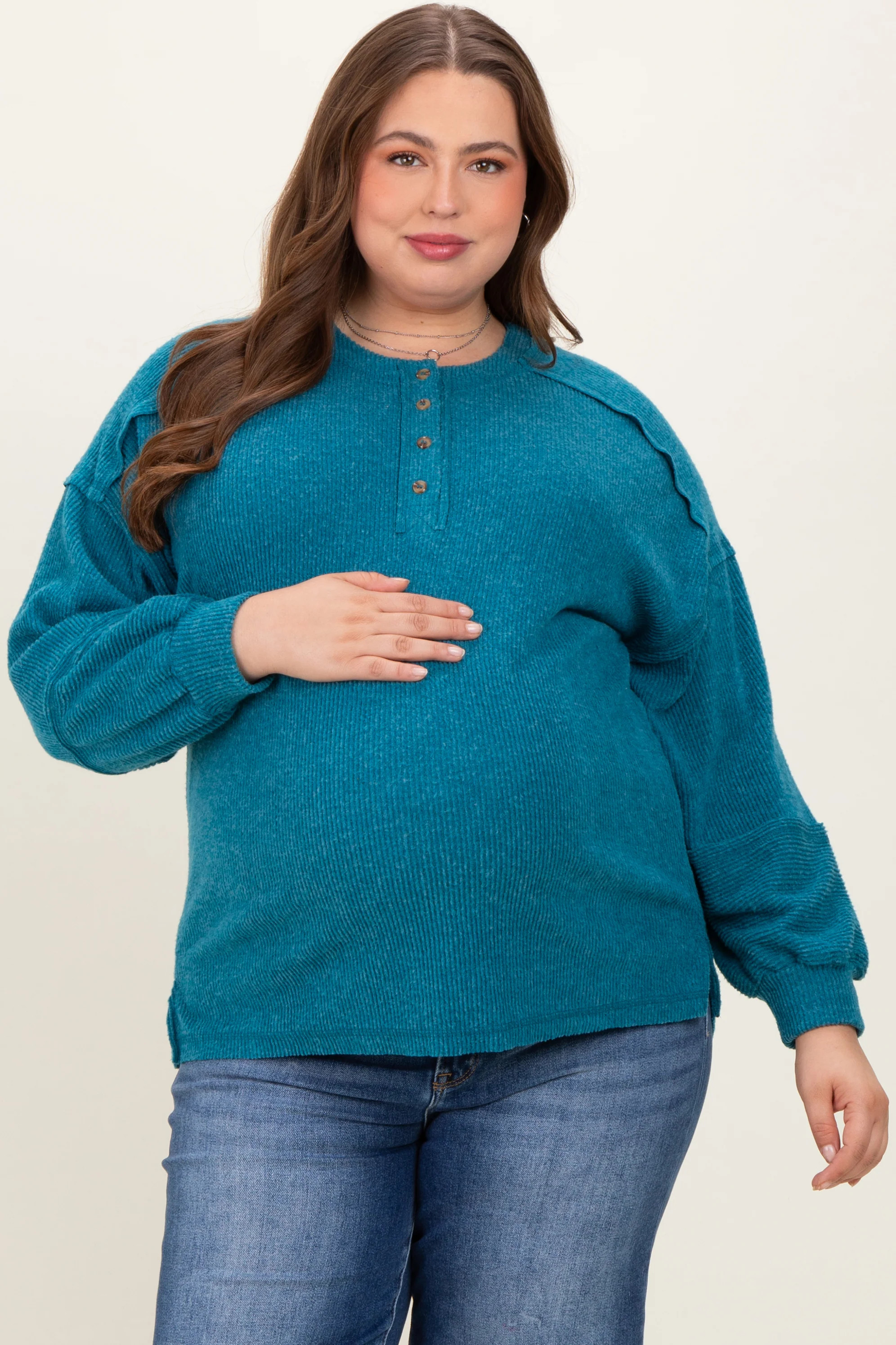 Teal Oversized Ribbed Knit Henley Maternity Plus Sweater | PinkBlush Maternity