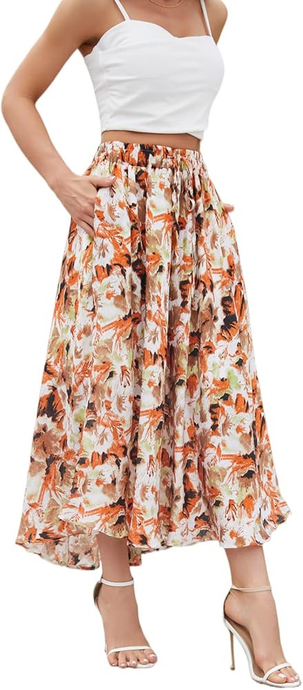Maxi Skirts for Women with Pockets Long Midi Length Floral Casual Skirt for Beach Party Holiday | Amazon (US)
