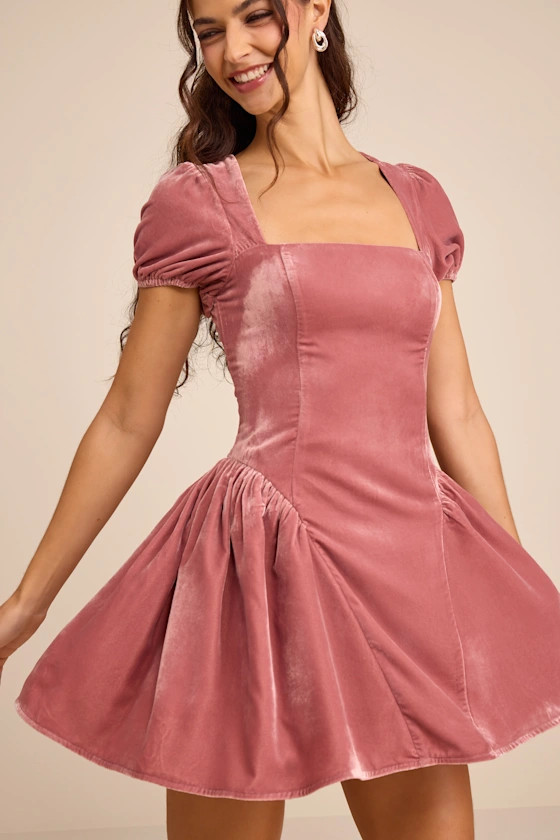 Louisa Pink Velvet Puff Sleeve Mini Dress | Lulus