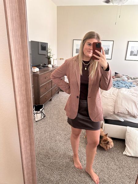 Fall Outfit Inspo from Target! 

Plaid blazer with brown long sleeve shirt styled with a brown leather skirt with gold layered necklaces. 

#falloutfit #transitionoutfit #falltransition #brown #plaid 

#LTKunder50 #LTKSeasonal #LTKSale
