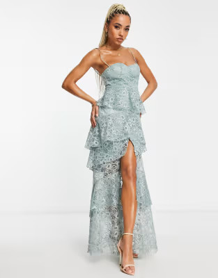 Trendyol tiered lace maxi dress in sage green | ASOS | ASOS (Global)