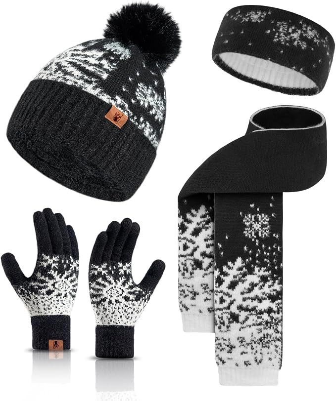 4 PCS Hat Gloves Scarf Set for Women with Winter Headband Warm Knit Gloves Scarf Fleece Beanie wi... | Amazon (US)