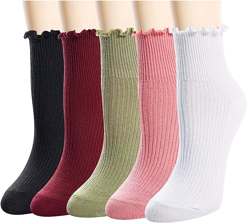 Sockfun Ruffle socks for Women Frilly Socks Lettuce Socks Turn Cuff Ankle Crew Socks 4/5 Pack | Amazon (US)