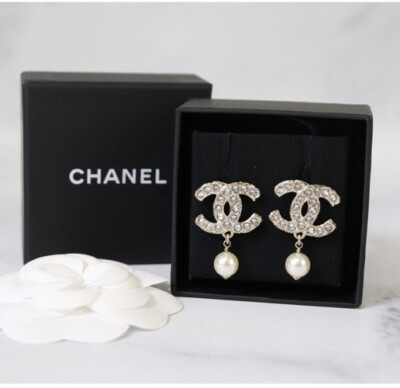 Chanel CC Pearl Drop Earrings Light Gold Tone | eBay US