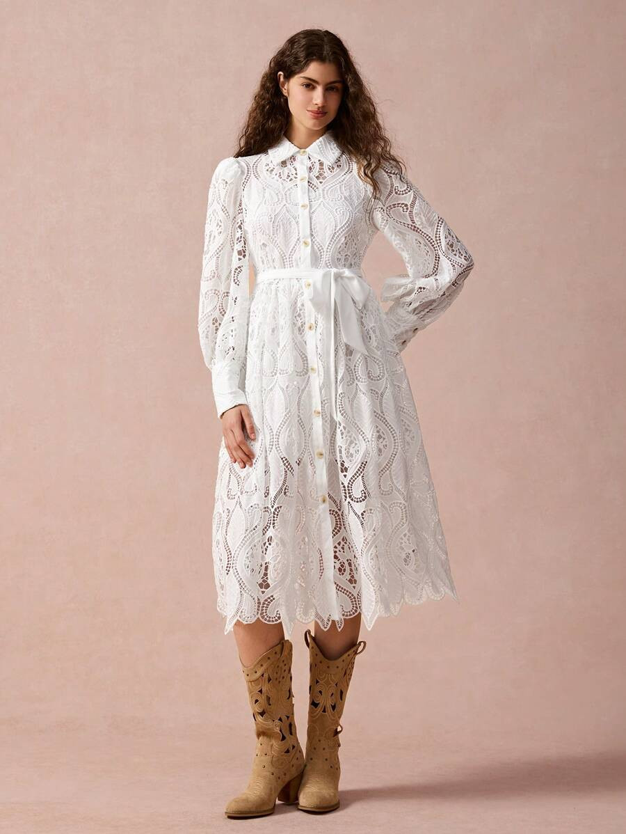 Enchnt New Autumn Winter Products,Hollow Out Embroidered Puff Sleeve Shirt Collar Elegant Dress,F... | SHEIN