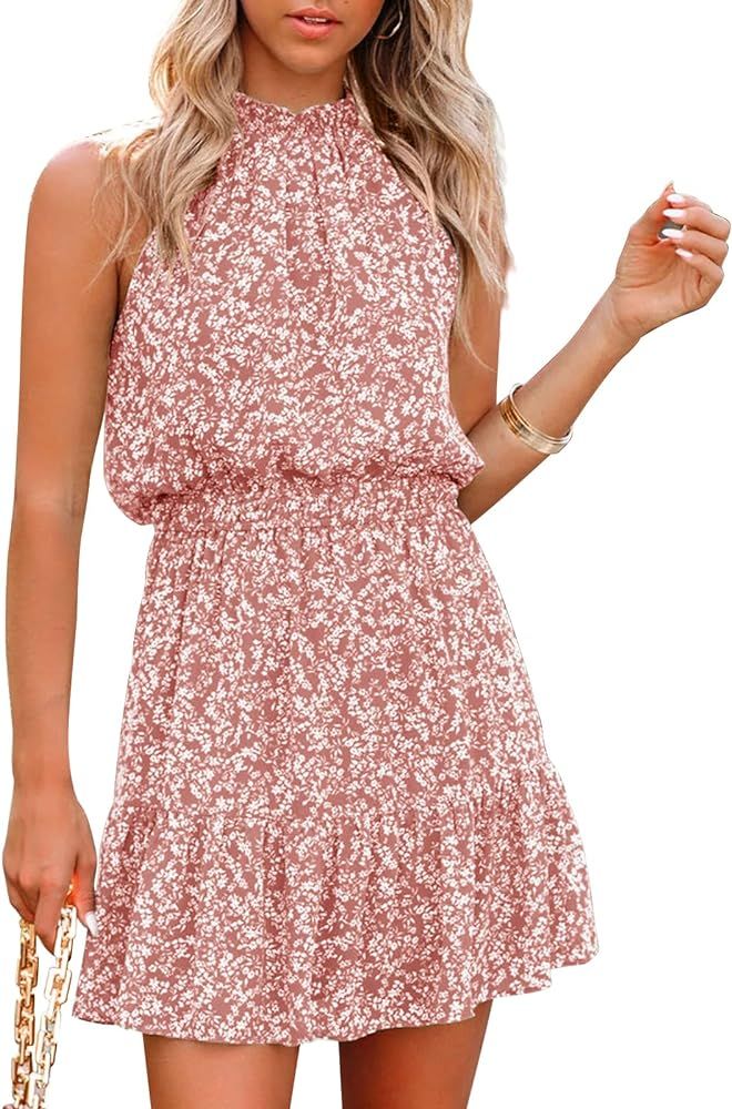 Floral Summer Dress for Women Chiffon Blouses Skirt Spaghetti Sleeveless Tops Halter Boho Romper ... | Amazon (US)