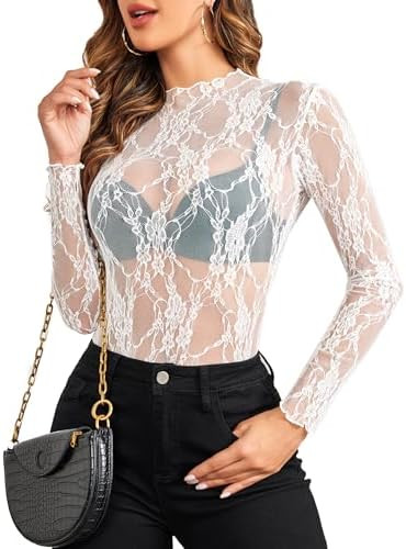 Avidlove Women's Mesh Top Long Sleeve Mock Neck Sheer Blouse See Through Floral Lace Tops | Amazon (US)