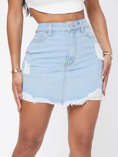 SHEIN SXY High Waist Ripped Raw Hem Denim Skirt | SHEIN