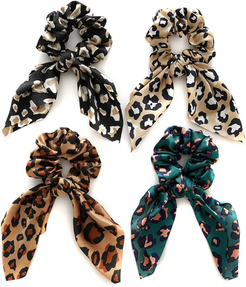 4 Pack Leopard Hair Scarf Scrunchies Hair Ribbon Bow Scrunchies Long Elastic Hair Bands Rope Scru... | Amazon (US)
