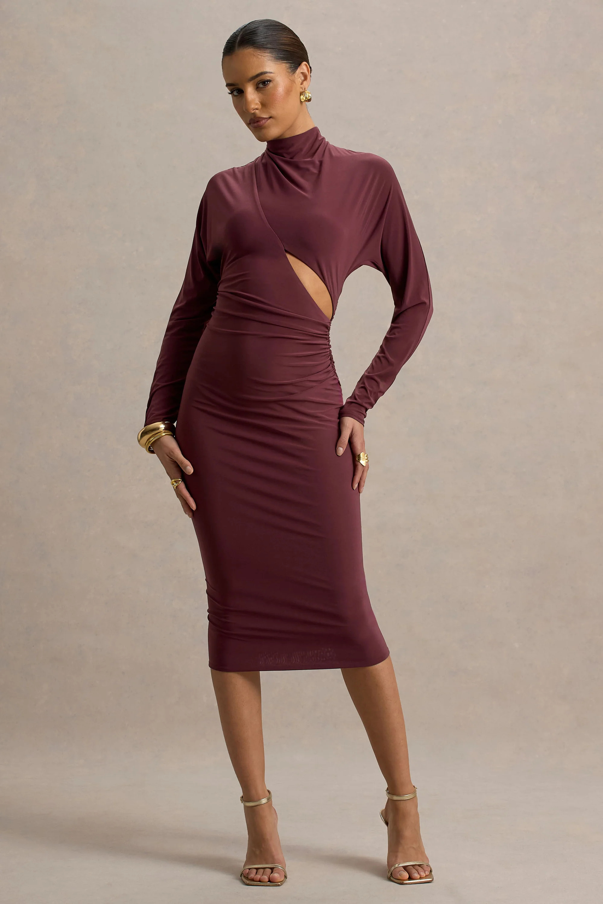 Pandora | Burgundy Long-Sleeve Midi Dress With Cut-Out | Club L London