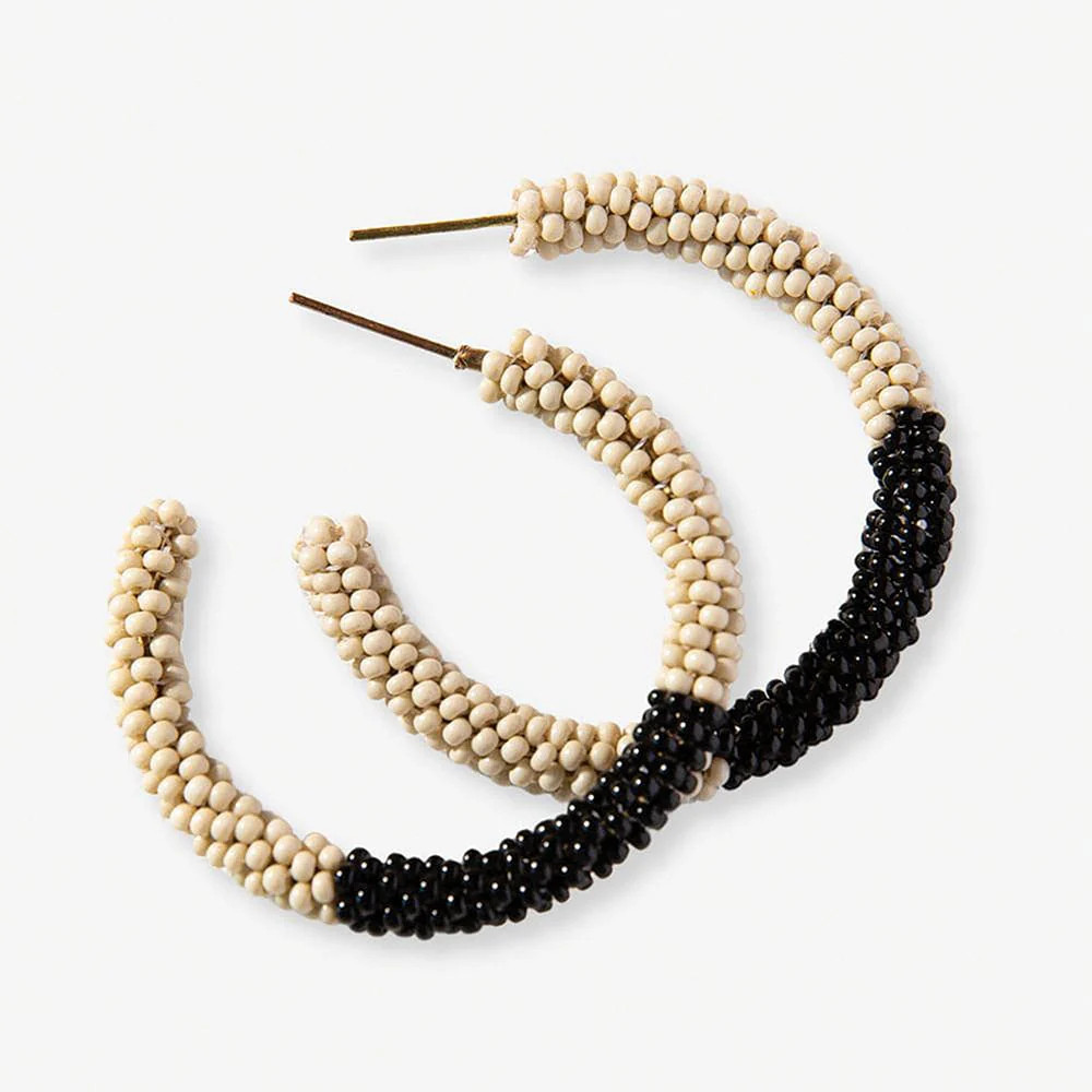 Cammy Color Block Beaded Hoop Earrings Black and Cream | INK+ALLOY