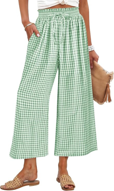 ANRABESS Womens Striped Gingham Palazzo Capri Pants Pajama Wide Leg Lounge Trousers Plaid Cute Cr... | Amazon (US)